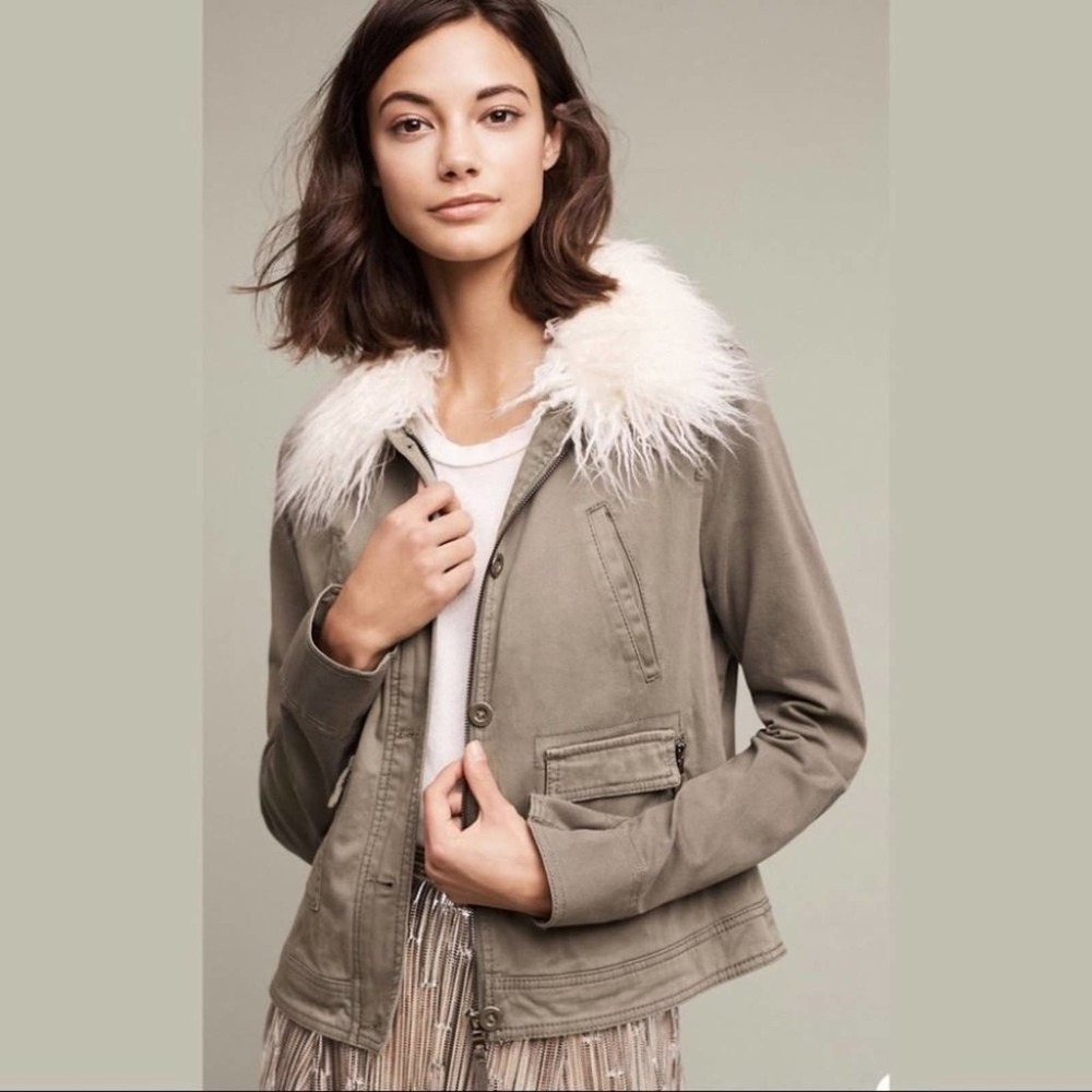 ANTHROPOLOGIE Marrakech Army Green Faux Fur Collared Cadet Jacket Small NEW - Picture 16 of 16
